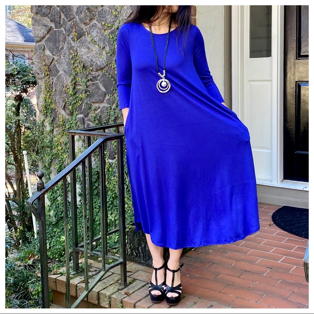 Chic Royal blue viscose side pocket swing dress - Picture 10 of 11